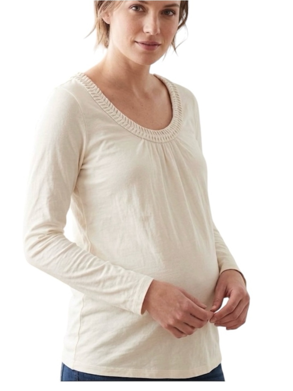 Gap Maternity Ivory Cream Long Sleeve Scoop Neck Ribbon Shirt S Neutral